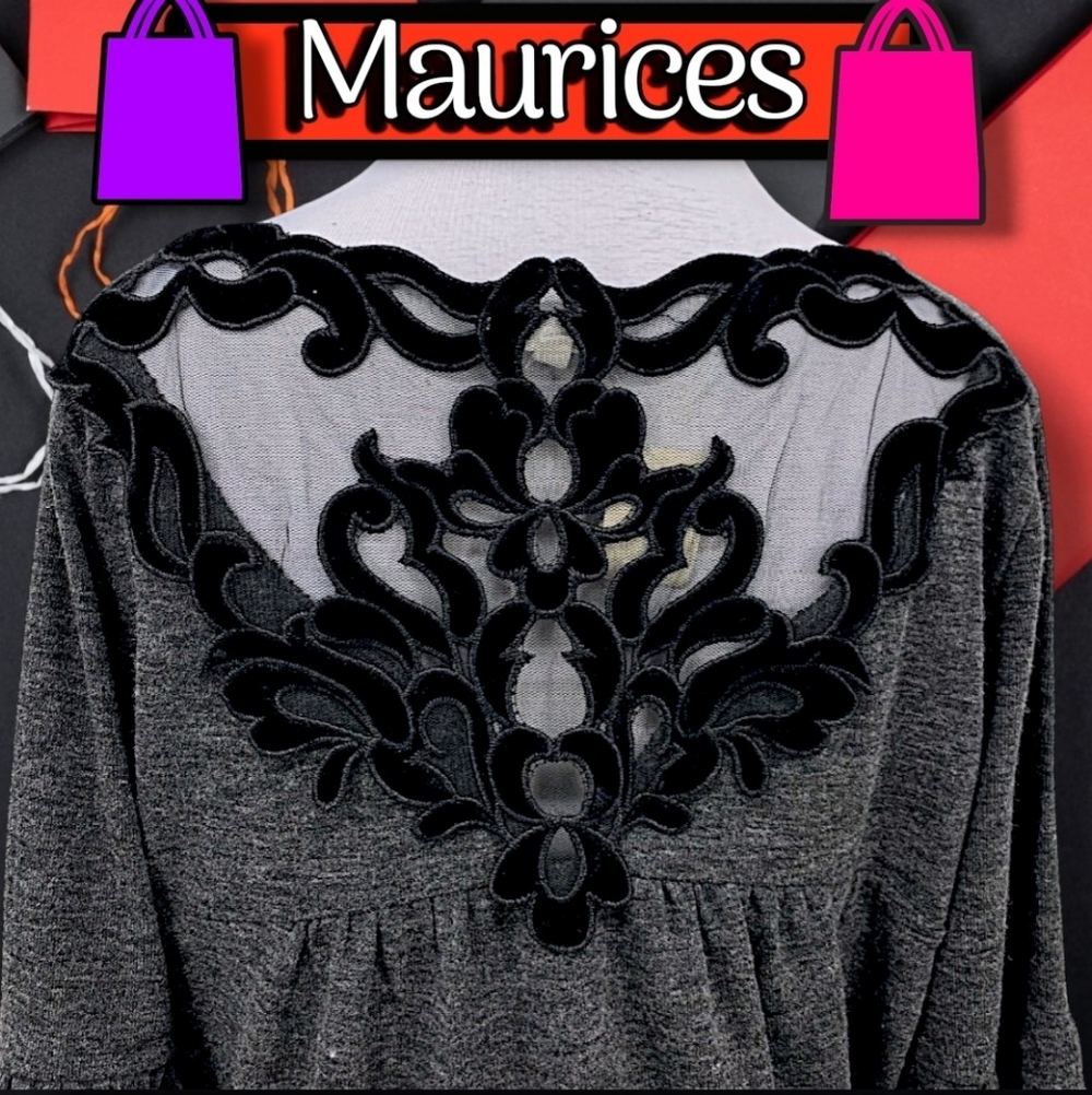 Maurices Bell Sleeve Tunic Sweater in Gray w/ Lace Trim & Velvet Embroidery XL